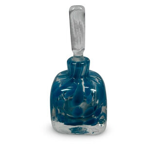 Vintage Langham Glass Perfume Bottle Clear & Blue Mottled Pattern w/ Stopper